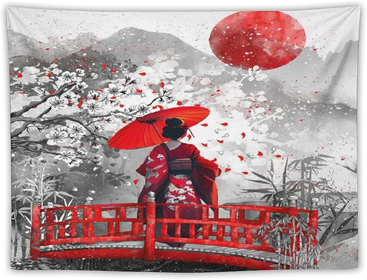 Japanese Red Geisha Tapestry Asian Cherry Blossom Red Sun Traditional Kimono Folk Tapestries Home Decor for Living Room Bedroom Apartment Farmhouse Dorm 40"x30"