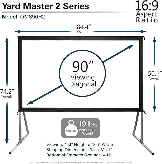 Elite Screens Yard Master 2, 90 inch Outdoor Projector Screen with Stand 16:9, 8K 4K Ultra HD 3D Fast Folding Portable Movie Theater Cinema 90" Indoor Foldable Easy Snap Projection Screen, OMS90H2