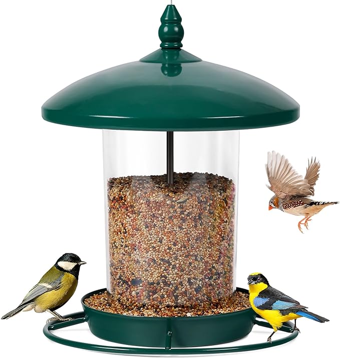 Metal Bird Feeder for Outdoors Hanging,3.0LB Seed Feeder,Easy to Fill & Clean,360° Feeding,Chew Proof Weatherproof Roof for Gardens and Wild Birds,Green