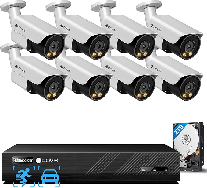 4COVR 4K PoE Security Camera System 8CH, 2-Way Audio & Smart Color Night Vision, 8X 8MP PoE IP Bullet Cameras, AI Human/Vehicle Detection, IP67 Weatherproof, 2TB NVR, 24/7 Recording, LY37YX8M0808-1