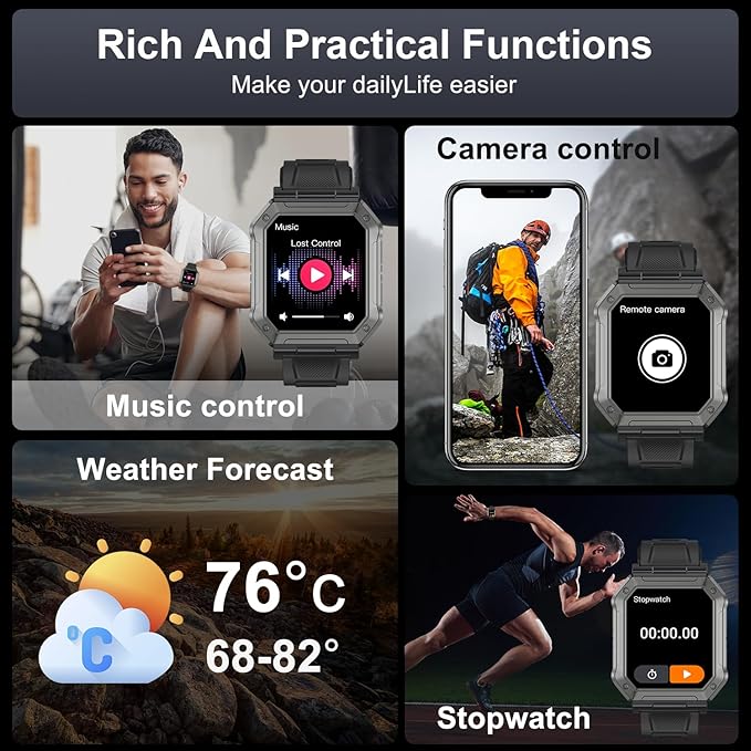 Smart Watch for Men Fitness Tracker: Military Smart Watches for Men Digital Mens Watches Make/Answer Call Running Waterproof Smartwatch Android Phones iPhone Samsung Compatible Heart Rate Monitor
