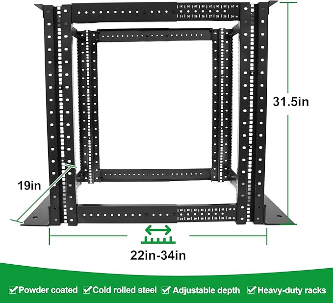 4-Post 15U Open Frame Server Rack for 19" IT Network Equipment & A/V Devices，22"-34" Adjustable Depth，Heavy Duty Free Standing Rack for Servers & AV Gear 4POST-N15U