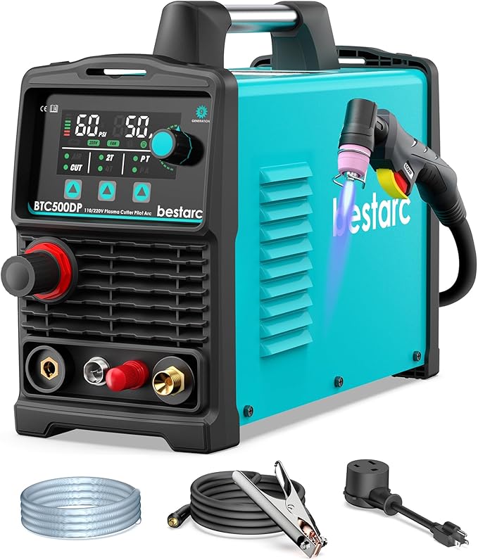 bestarc Plasma Cutter, [Pilot Arc][Large LED Display][Air Sensor] 50A bestarc Plasma Cutter Machine 110/220V Dual Voltage, 1/2 Inch Clean Cut 3/4 Inch Max Cut, Post Flow Mesh, 2T/4T for Beginners DIY