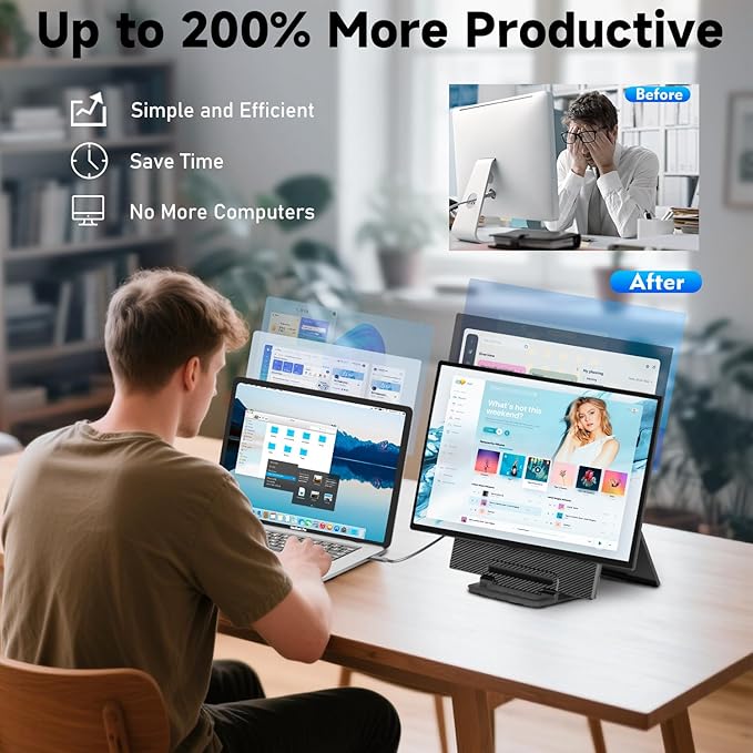 Portable Monitor 24" 100Hz for Work Home Office Game, 1080P FHD IPS Laptop Screen Extender with Rotating Stand & VESA, Laptop Monitor Extender USB-C HDMI Plug-Play for Mac Windows PS Switch Xbox Phone