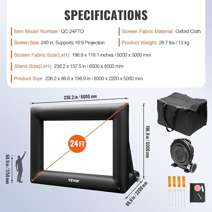 VEVOR Inflatable Projector Screen for Outside with 350W Air Blower Inflatable Screen Oxford Fabric Material Blow Up Screen for Outdoor Movie Supports Front/Rear Projection