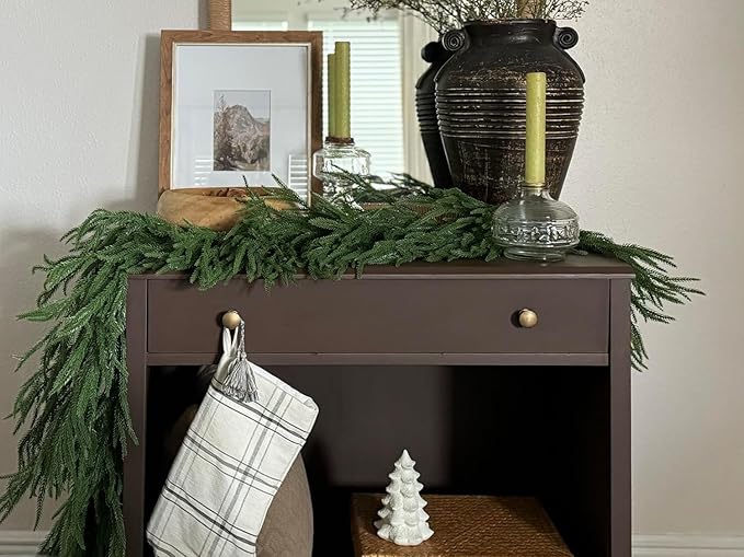 2PCS 9FT Christmas Garland Norfolk Pine Garland Real Touch Artificial Greenery Garland for Mantle Fireplace Table Indoor Outdoor Decor (Normal)