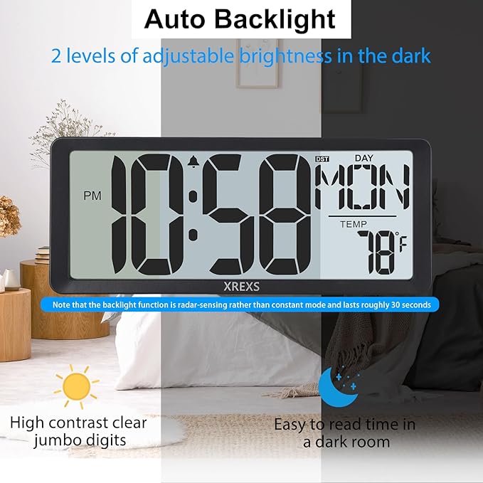 XREXS 14.17 Inch Digital Wall Clock with Remote (Battery Operated)- Backlight(Not Constantly Illuminated) | Count Down Timer | Displays Temp, Date & Week | Ideal for Home, Office, Classroom