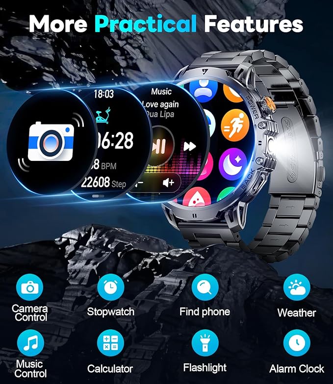 LIGE Military Smart Watches for Men with 1000 mAh Battery, 1.85" HD Touch Screen Smart Watch with Flashlight/50M Waterproof/,110+ Sports Fitness Tracker Watch,Pedometer Mens for Android iPhone