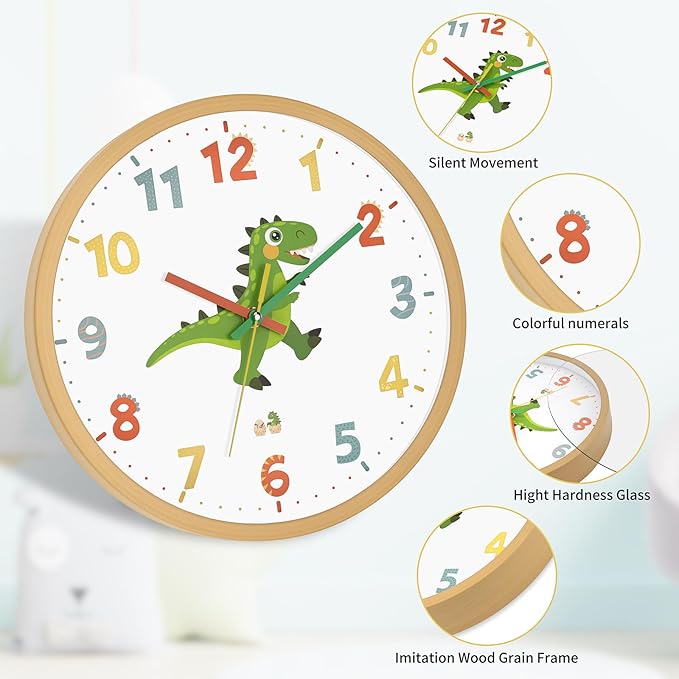 Dinosaur Wall Clock for Kids Bedrooms 12 Inch Silent Non-Ticking Battery Operated Analog Clocks Kids Wall Clock for Classrooms, Kids Bedrooms, Playrooms and Nursery for Toddler Children