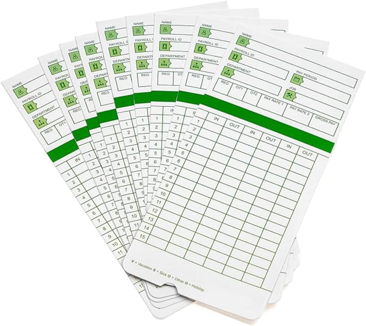 Time Cards for Employees Monthly,Numbered Days,All Pay Periods,300 Count,2-Sided,3 3/8" x 7 3/8",Green Print,Timecards for Time Clocks