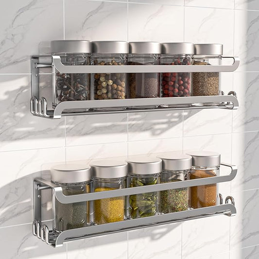 LUCYCAZ 2 Pack Wall Mounted Spice Rack with 16 Hooks, Spice Organizer Shelf for Stove Cabinet Pantry Door,Screw or Adhesive Spice Shelf Hanging Wall Spice Rack in Kitchen and RV (Silver, 2 PACK)