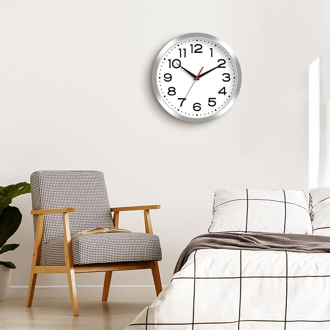 Wall Clock Silent Non-Ticking Modern Clock Battery Operated 10 Inch Small Classic Analog Decorative for Kitchen, Bathroom, Office, Bedroom, Home(Silver)