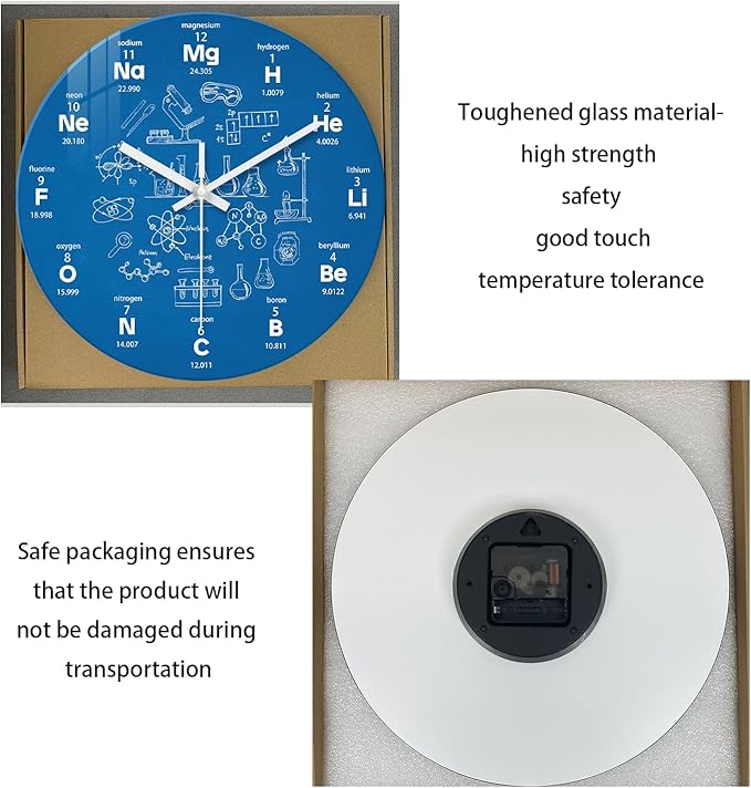 XNM Modern Blue Chemical Clock for Classroom Glass Analog Small Science Wall Clocks Battery Operated 12 Inch Round Silent Wall Clock for Study Room