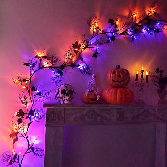PALONMY Halloween Garland Lights, 8.86FT, 72LED, Plastic, Orange & Purple, with Pumpkins, Spiders, Black Leaves, Indoor/Outdoor Decor