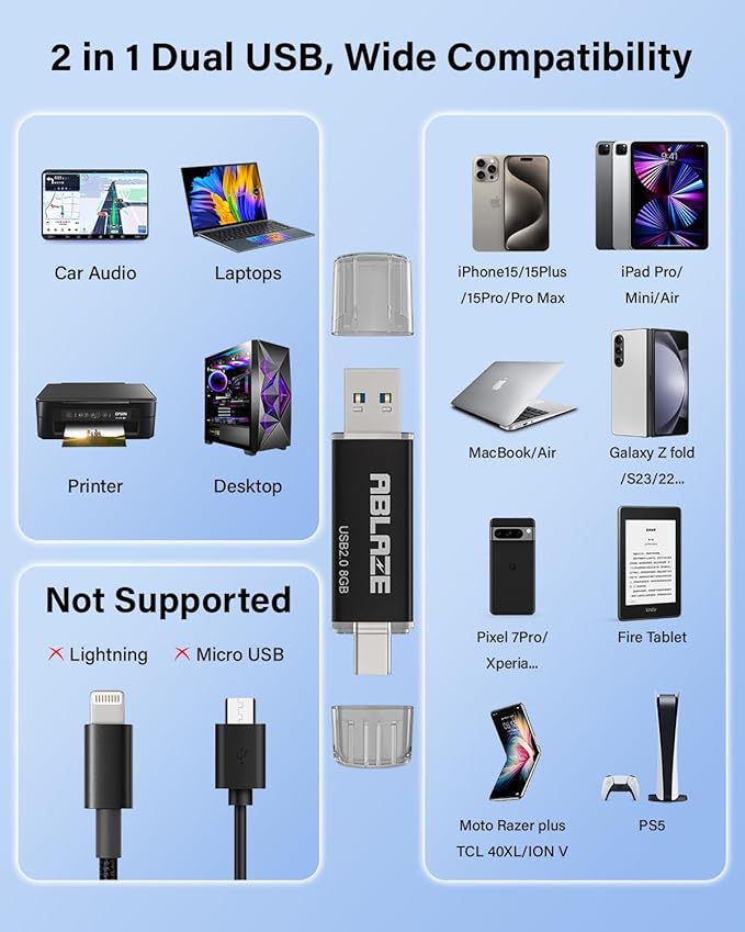 ABLAZE 8GB Type C Flash Drive 10 Pack, Dual USB 2.0+USB C Memory Stick Thumb Drive Compatible with iPhone 16/15, Android Smartphone, Computers, Tablets, Mac,iPad,PC