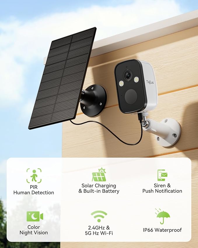 2K Security Cameras Wireless Outdoor, 2.4G/5G WiFi, Solar Camera Outdoor Wireless, Color Night Vision, Solar Powered, Motion Detection Spotlight Siren/2 Way Talk/IP66/Cloud/SD/Alexa