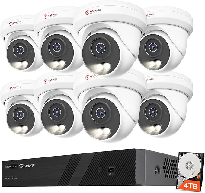 Anpviz 16CH PoE Security Camera System,8PCS 5MP Wired IP TurretCameras Outdoor, Color Night Vision, Built in Mic, 12MP PoE NVR with 4TB HDD for 24/7 Recording, CCTV for Businesses Home