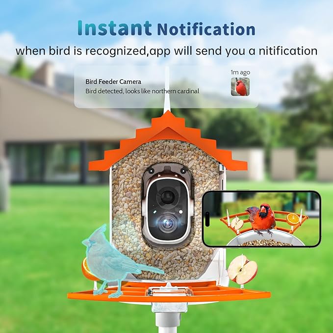 Smart Bird Feeder with Camera Solar Powered & AI Bi rd Identification, 2.4Ghz WiFi Bird feeders for Outdoors, 2K Live Video, Nstant Arrival Alerts - Orange