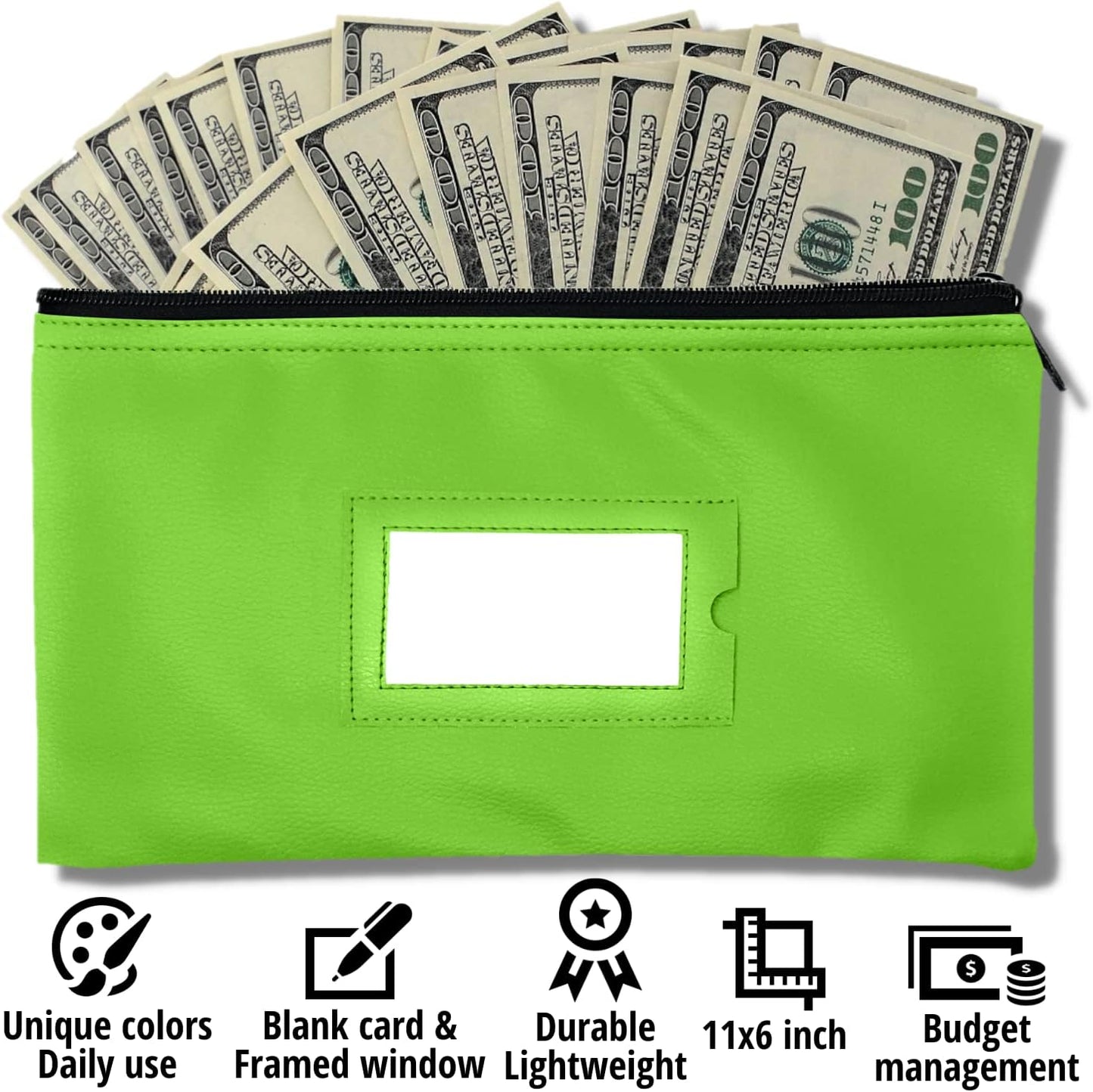 Money Bank Deposit Bag with Zipper | 11x6 inch | Light Green | Durable Leatherette Money Cash Coin Check Wallet Pouch for Men & Women with Framed ID Window and Blank Card | by GIDABRAND (3)