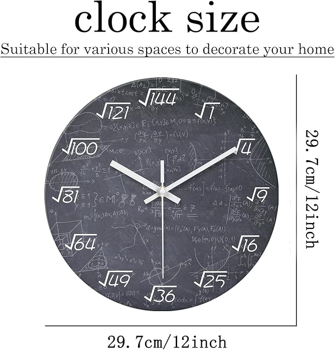 XNM Black Math Clock for Classroom Glass Small Wall Clocks Battery Operated 12 Inch Round Silent Wall Clock Non Ticking