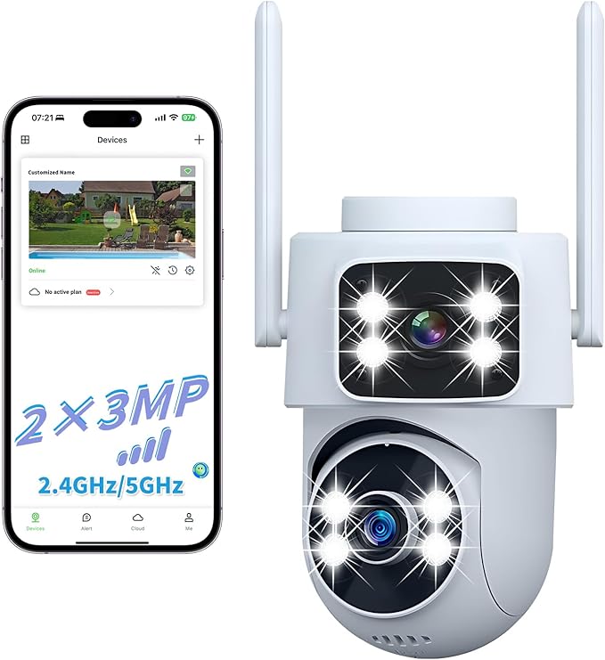 Dual-Lens Smart Indoor Outdoor Camera, 2K-3MP HD 5G WiFi, 360° AI Motion Tracking, IP65 Weatherproof, Color Night Vision, 24/7 Recording, 2-Way Audio, Baby/Nanny Cam(No Card Included)
