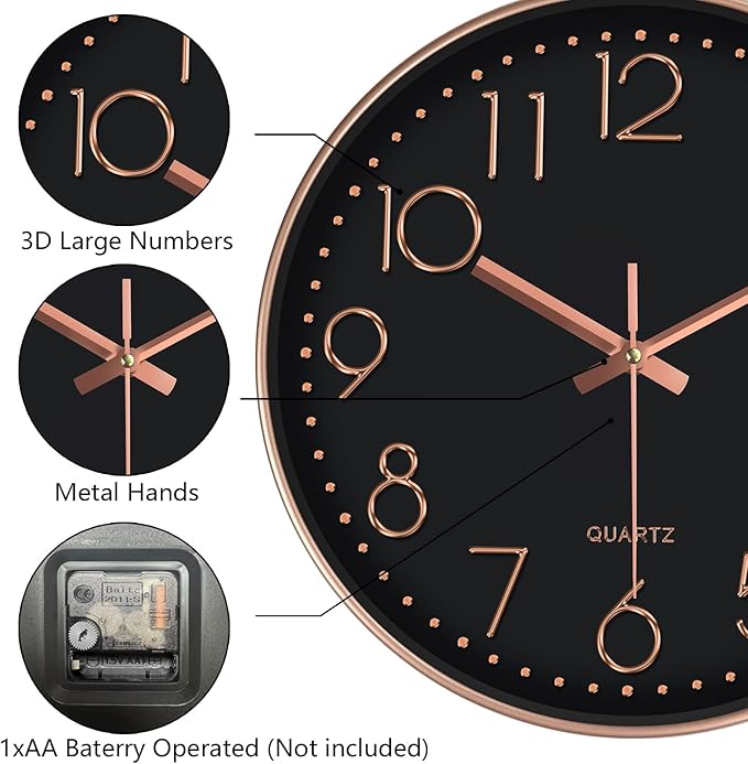 Silent Wall Clocks Battery Operated 8 Inch, Analog Wall Clock with Oversized Number Tempered Glass Clock Face, Non Ticking Wall Clocks for Living Room Bedroom Kitchen Office, Black Rose Gold