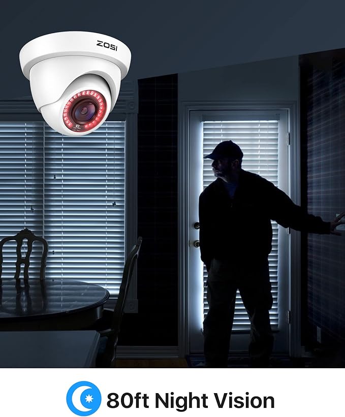 ZOSI 2.0MP HD 1080P 1920TVL Hybrid 4-in-1 TVI CVI AHD 960H CVBS CCTV Dome Security Camera Indoor Outdoor, 80ft Night Vision, IP66 Weatherproof for HD-TVI, AHD, CVI and CVBS/960H Analog DVR(White)