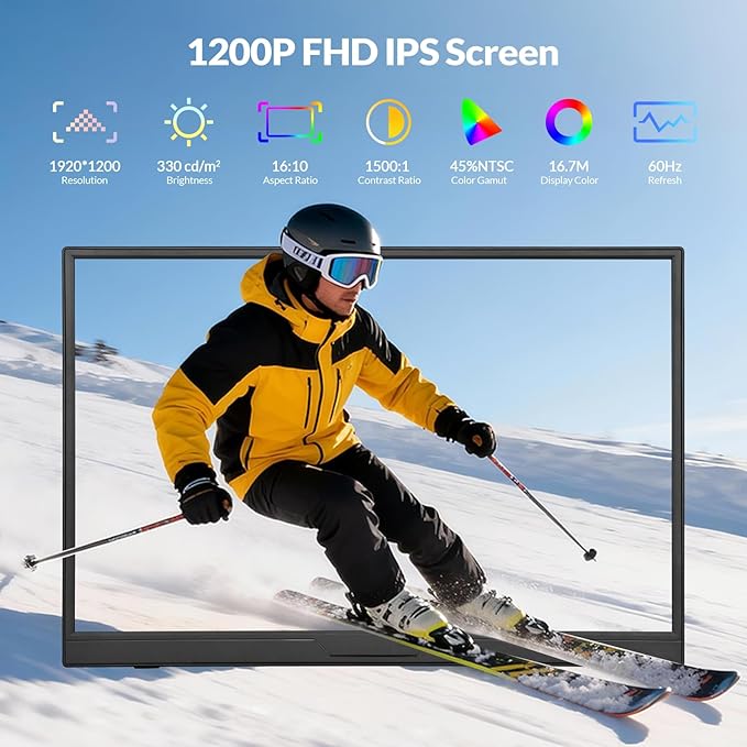 LR Portable Monitor, 16” 1920 * 1200P FHD IPS Screen 16:10, 1500:1 Contrast Ratio, USB-C HDMI Travel Monitor with Rotating Stand, External Second Display for Laptop/PC/Mac/Phone/Switch/Xbox/PS4/5
