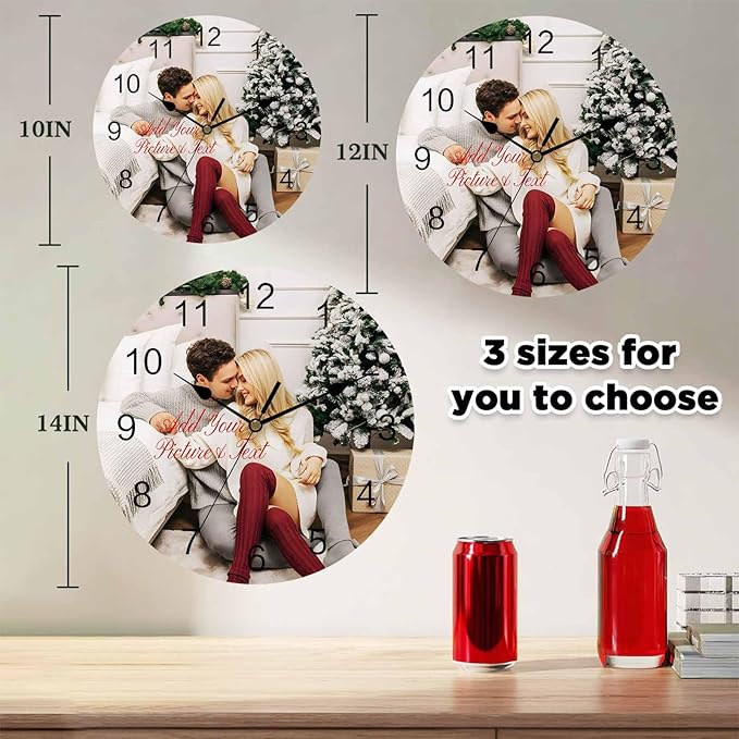 Personalized Clocks with Picture/Text, Custom Photo Silent Wall Clock Non Ticking, Wall Clocks Decorations for Kitchen, Bedroom, Living Room, Idea Gifts for Him Her Christmas (10", 12", 14")