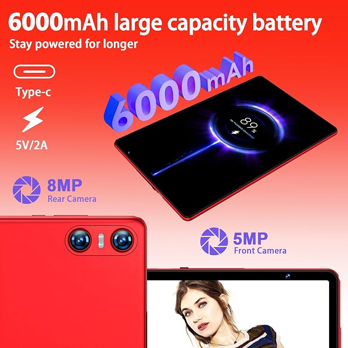 Android 15 Tablet with Keyboard Mouse, 20GB RAM + 128GB ROM (Expand to 1TB), 10.1 Inch Octa-Core Tablets with WiFi 6, Dual Camera, 1280x800 IPS Display, 6000mAh Battery, Widevine L1 - Red