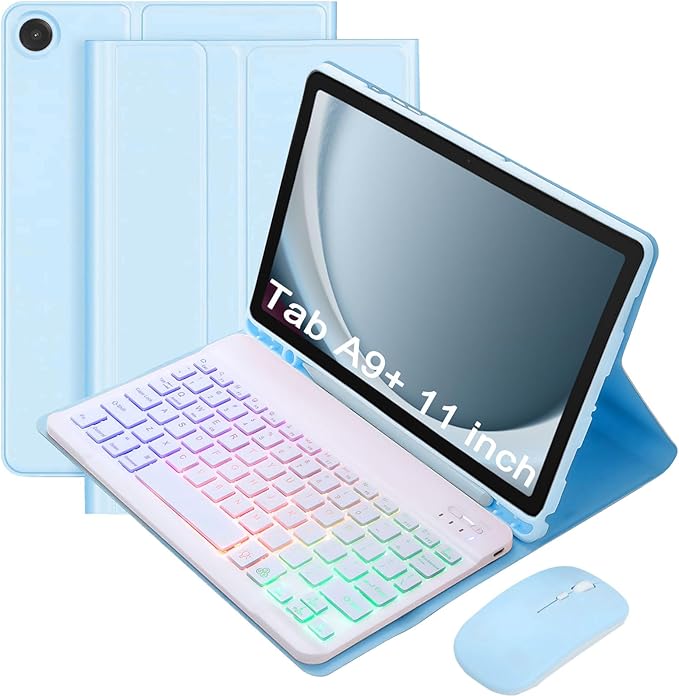 Keyboard Case for Samsung Galaxy Tab A9+/A9 Plus 11 Inch 2023 (SM-X210/X216/X218), Detachable Color Backlit Bluetooth Keyboard and Mouse, Slim Lightweight Stand Cover with Pen Holder (Blue)