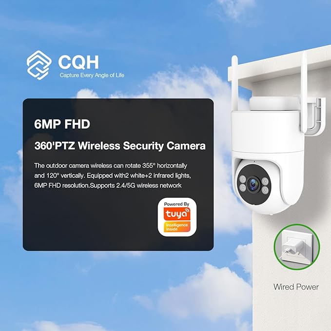 6MP TUYA Security Camera Outdoor, 2.4G/5G WiFi Cameras for Home Security 24/7 Recording, Pan-Tilt 360° View, Auto Tracking & Light Alarm, Color Night Vision,Two-Way Audio, Plug-in cam, IP66/Cloud/64GB