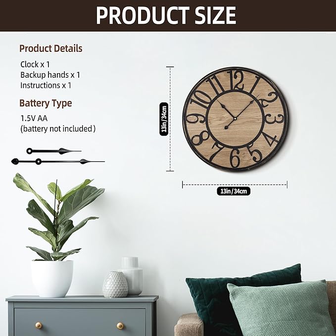 Maxstar Wall Clock Silent Bronze Rustic Farmhouse Metal & Wood with Arabic Numeral, Battery Operated Wall Clocks Decorative for Living Room Bedroom Office Home Decor 13inch