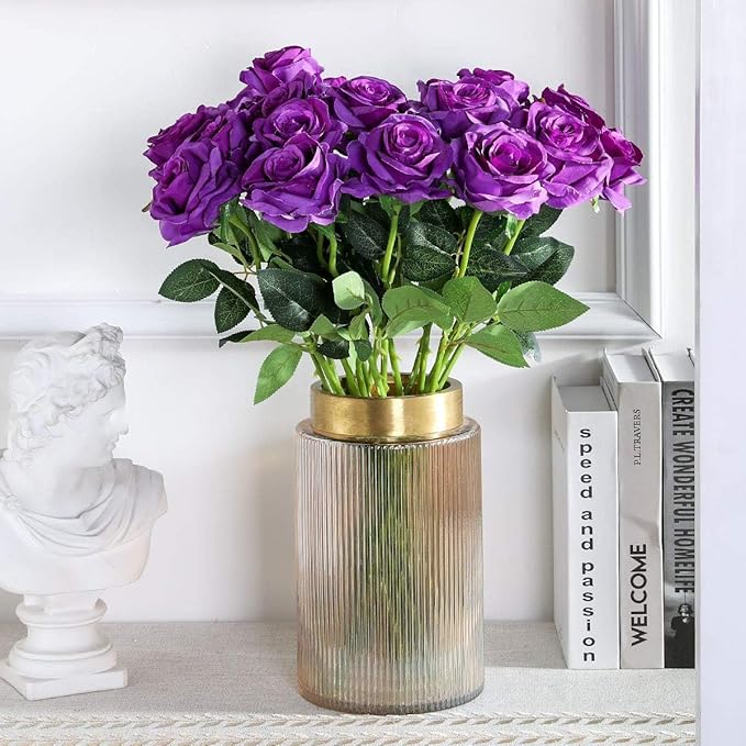 Purple Fake Roses Artificial Flowers - 16 Pcs Fake Artificial Roses Silk Flowers with Stems for Home Wedding Hotel Office Centerpiece Decor