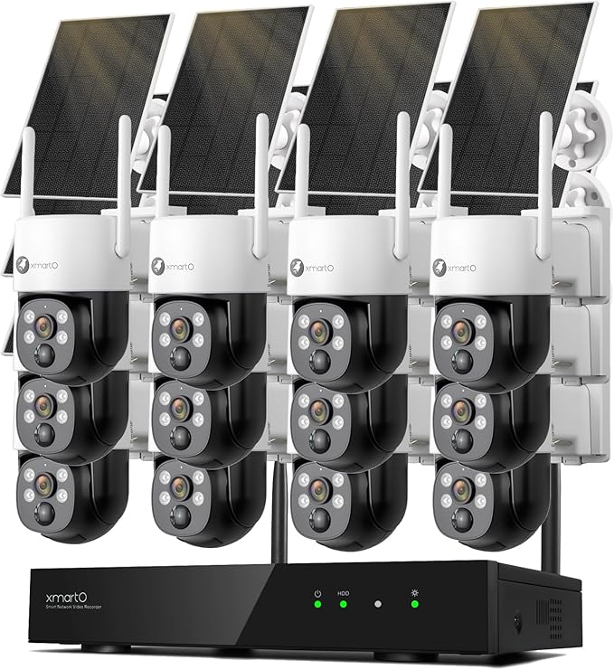 xmartO Wire-Free PTZ Solar Home Security Camera System Wireless, 12-Set 2K 4MP QHD CCTV Camera Kit with 4k 16CH Expandable Wi-Fi 6 NVR, All-Weather Solar Charge