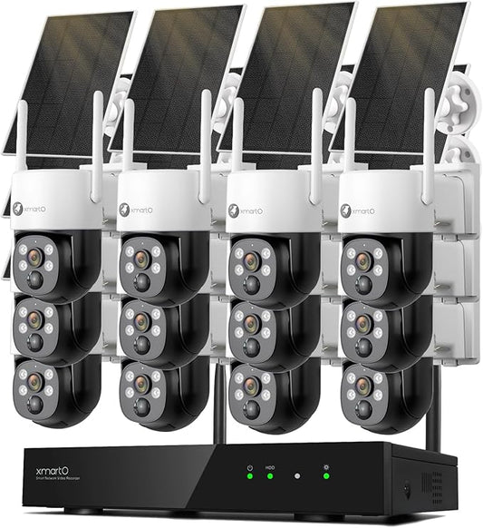 xmartO Wire-Free PTZ Solar Home Security Camera System Wireless, 12-Set 2K 4MP QHD CCTV Camera Kit with 4k 16CH Expandable Wi-Fi 6 NVR, All-Weather Solar Charge