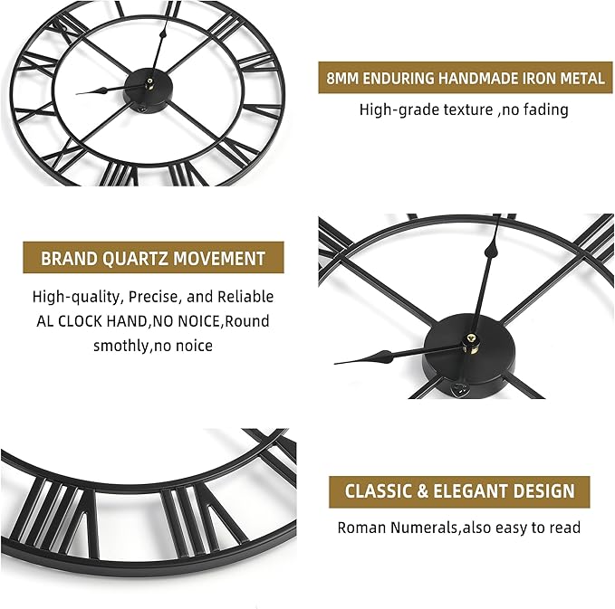 Large Wall Clock for Living Room Decor - 47cm/ 18 Inches Silent Non-Ticking Metal Wall Clocks Battery Operated, Vintage Decorative Modern Wall Clock for Bedroom, Office, Farmhouse Decor