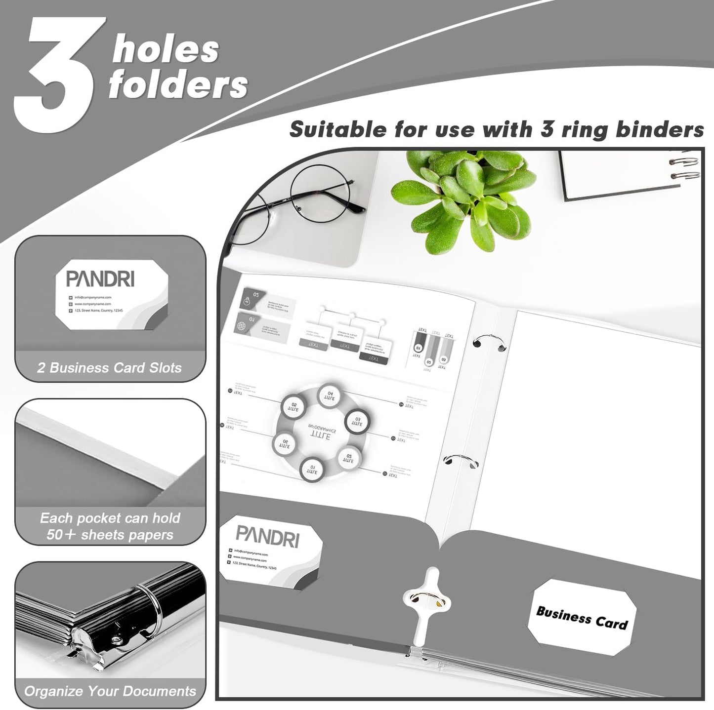 Two Pocket Portfolio Folders, PANDRI 60 Pack 3 Hole Punched 2 Pocket Folders for 3 Ring Binder, Letter Size Paper File Folder for School Office Home Business, Grey