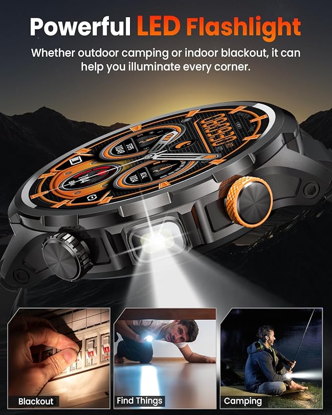 Military Smart Watches for Men, Smart Watch with 100 Days Battery/Flashlight/Heart Rate/Sleep/SpO2 Monitor/Calling/110+ Sports Mode, 5 ATM Rugged Men's Fitness Tracker Watch for Android iPhone(Black)