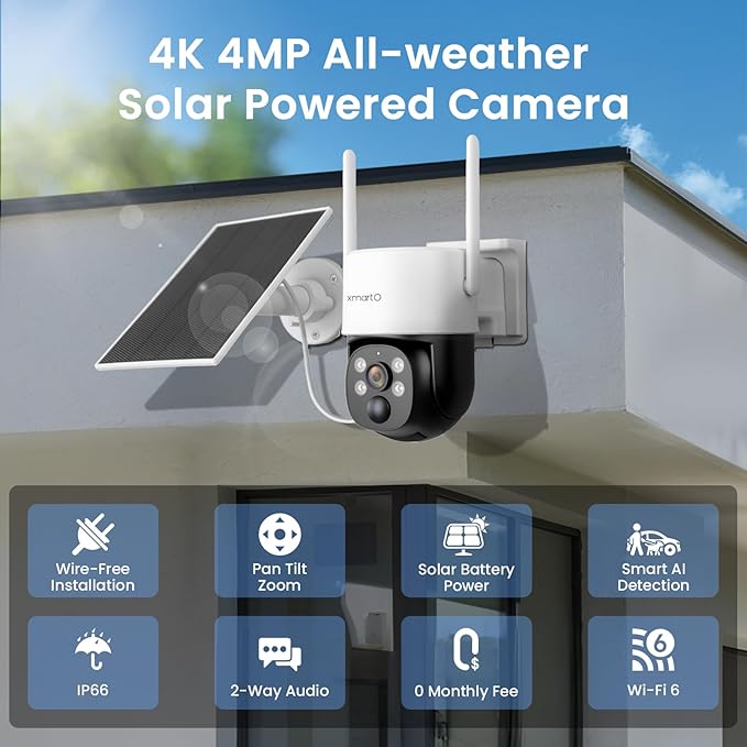 xmartO Wire-Free PTZ Solar Home Security Camera System Wireless, 8-Set 2K 4MP QHD CCTV Camera Kit with 4k 10CH Expandable Wi-Fi 6 NVR, All-Weather Solar Charge