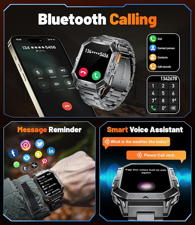 TX1 Military Smart Watch for Men, 1000mAh 80 Days Long Battery, 2.13'' AMOLED Smartwatch, 100+ Sport Mode/IP68 Waterproof Fitness Tracker, Rugged Smart Watch for Android iOS Compatible