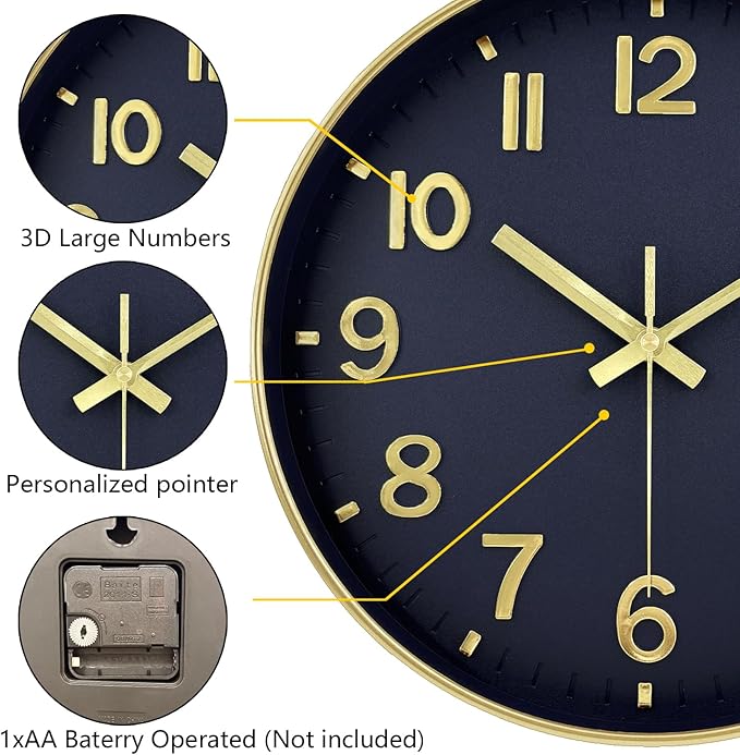 Modern Wall Clock, 10 Inch Digital Wall Clocks Battery Operated, Round Non Ticking Silent Analog Clock for Bedroom Living Room Kitchen Office Gym Classroom Decor, Gold Navy Blue Battery Clock