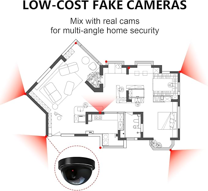 WALI Dummy Fake Security CCTV Dome Camera with Flashing Red LED Light with Security Alert Sticker Decals (SD-6), 6 Packs, Black