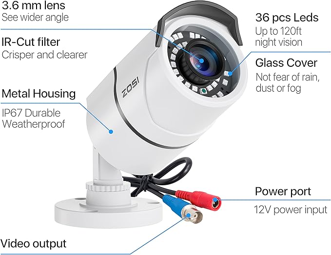 ZOSI 4 Pack 2MP 1080p HD-TVI Home Security Camera Outdoor Indoor 1920TVL, 36PCS LEDs, Night Vision, Weatherproof Surveillance CCTV Bullet Camera