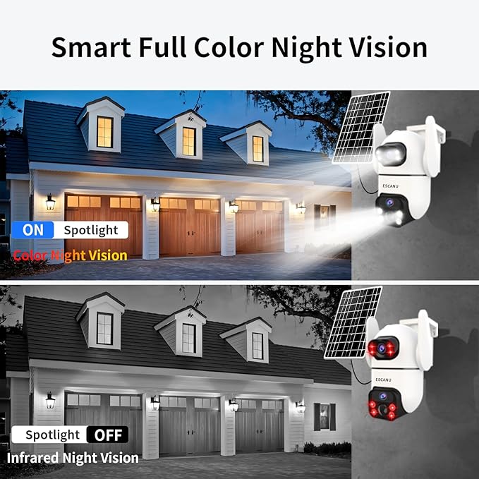 Security Cameras Wireless Outdoor with Dual Lens,Solar Cameras for Home Security with 360° View Pan/Tilt,Night Vision,Waterproof,PIR Alarm,2-Way Audio,SD/Cloud Storage,No Month Fee,2.4GHz WiFi(4 Pack)