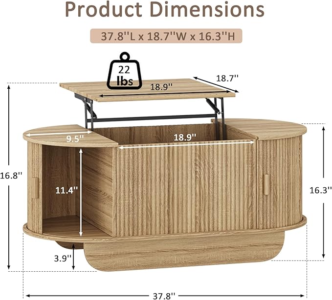 Lift Top Coffee Table with Storage,Oval Wood Coffee Table with Sliding Doors & Hidden Compartment, Fluted Center Table for Home,Living Room,Office, Natural