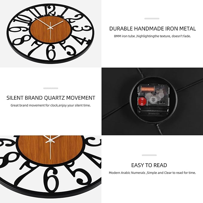 Maxstar Large Round Wall Clock for Living Room Decor Battery Operated Non Ticking Black Metal Wood Clocks for Home Living Room Garden Office Kitchen Decoration -32 inch