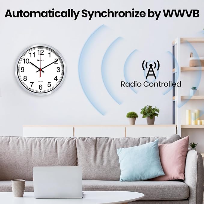 Geevon 10 Inch Atomic Wall Clock - Self-Setting Analog Clock with Automatic Time Sync - Battery Operated for Home Office School - Silver Frame