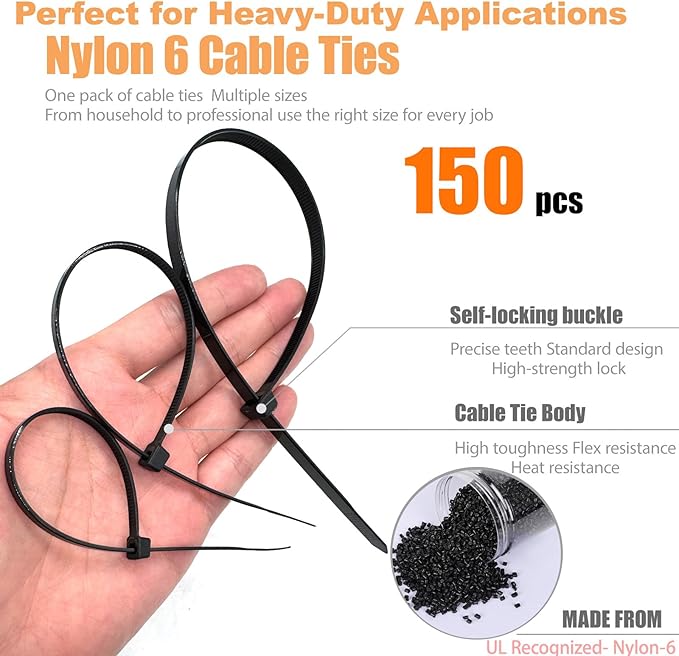 150 Pcs Heavy Duty Wire Ties,3 Sizes 8/10/13.7 Inch Black Nylon Electrical Zip Tie,65 lbs-100lbs Cable Ties Tensile Strength for Indoor&Outdoor Electrical Wiring,Industrial Use,Gardening,Weatherproof
