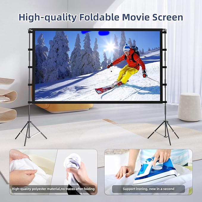 Projector Screen Outdoor, Vamvo Projector Screen with Stand Portable 150" Foldable ProjectorScreen, 10 Feet Indoor Movie-Screen with Carrying Bag for Home Theater Backyard Movie Night